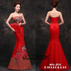 Đầm dạ hội họa tiết con công vàng nổi bật ấn tượng (Sẵn eo 60-67cm)- MS: 266