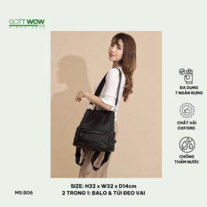 Balo nữ Gott Wow balo vải 2 in 1- vừa balo vừa là túi xách tiện lợi, vải dù chống thấm nước- Size: H32x32x14- B06