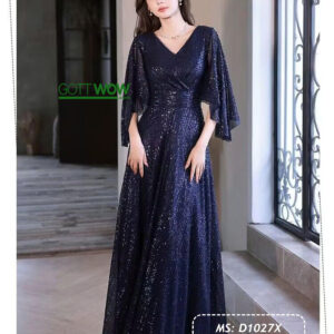 Đầm dạ hội tay cánh tiên đẹp sang kín đáo (Sẵn eo 77-83cm)-MS: D1027X - Xanh đen