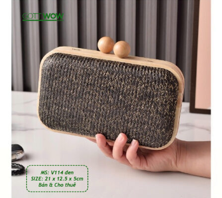 Ví dự tiệc viền gỗ đẹp sang ấn tượng, có dây đeo ngắn & dài- MS: V114 ĐEN
