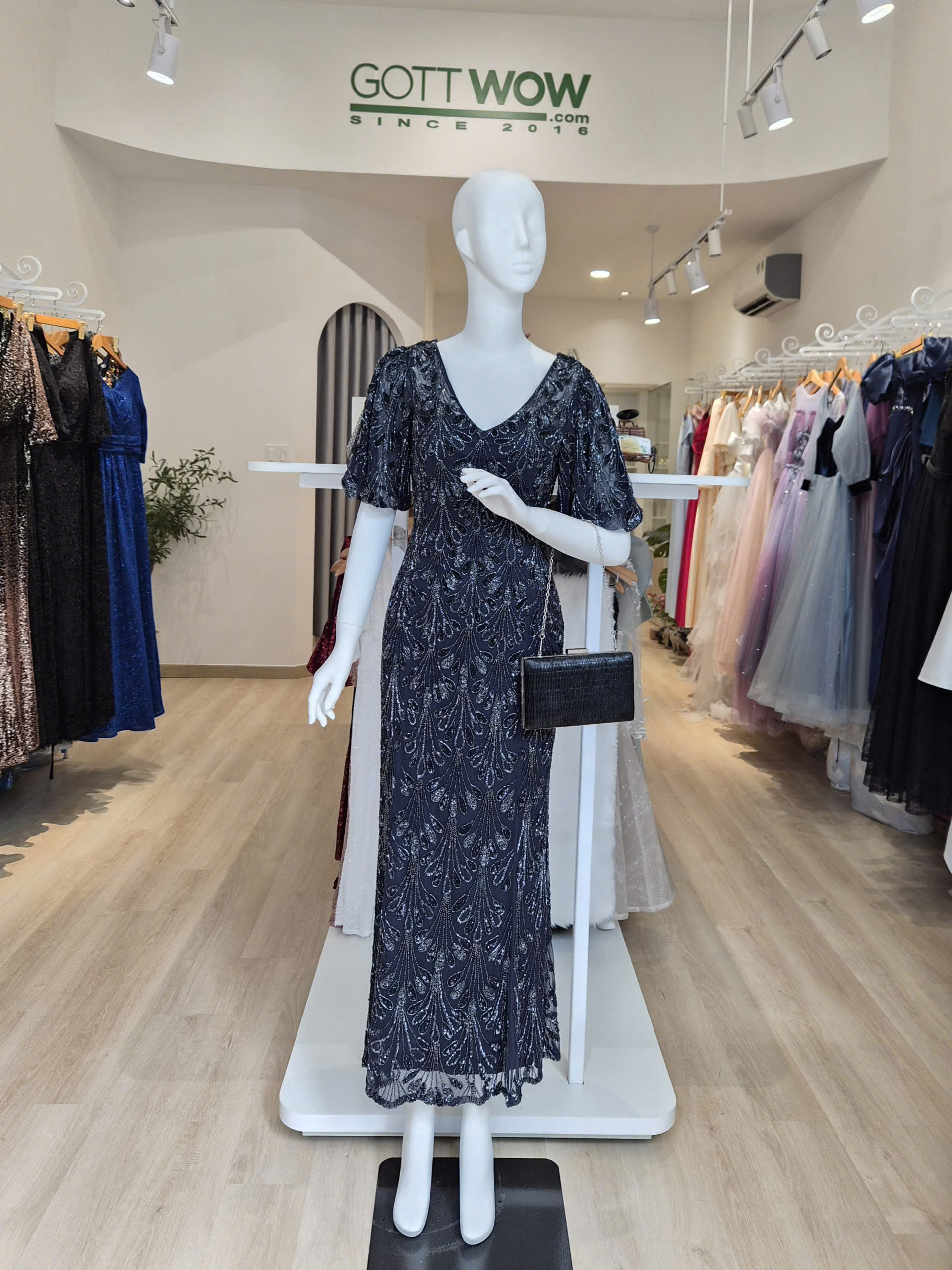 Đầm dạ hội trung niên đẹp sang quý phái (Sẵn eo 65-75cm)-MS: 1085 -Xanh đen