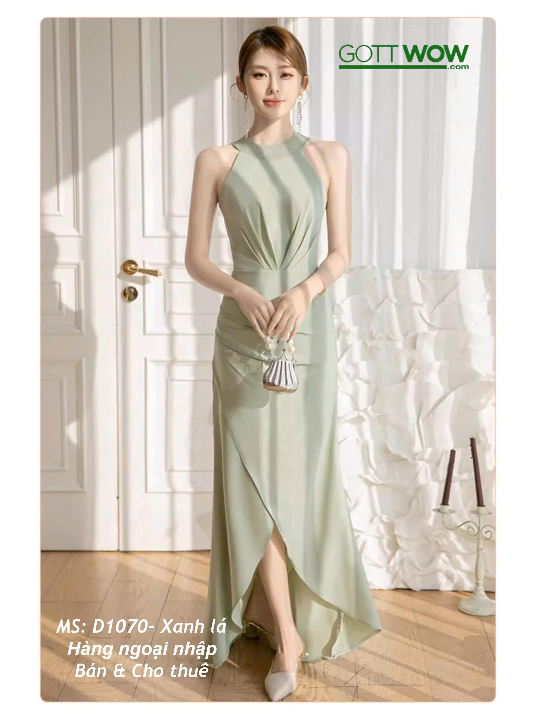 Đầm dự tiệc lụa cổ yếm đẹp sang trẻ trung (Sẵn eo 60-70cm)-MS: 1070