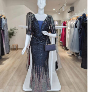 Đầm dạ hội trung niên tay ngắn đẹp kín đáo (sẵn eo 80-100cm) - MS: 852 XD - xanh đen