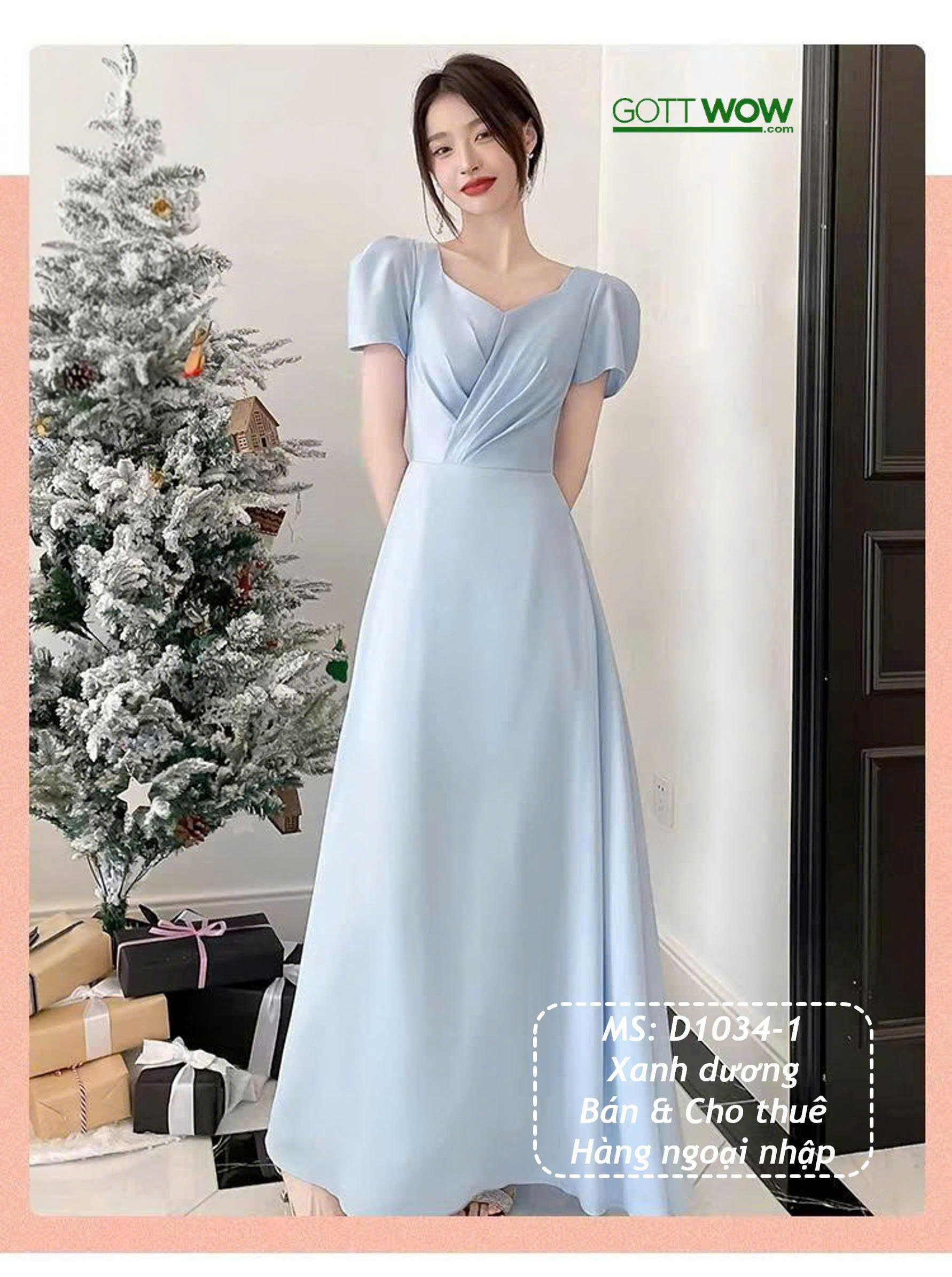 Đầm dự tiệc lụa đơn giản sang trọng (eo 65-77cm) - MS: D1034-1 - Xanh