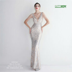 Đầm dạ hội kim sa đẹp quyến rũ (eo 75-89cm) - MS: 1016 - Vàng và Xám