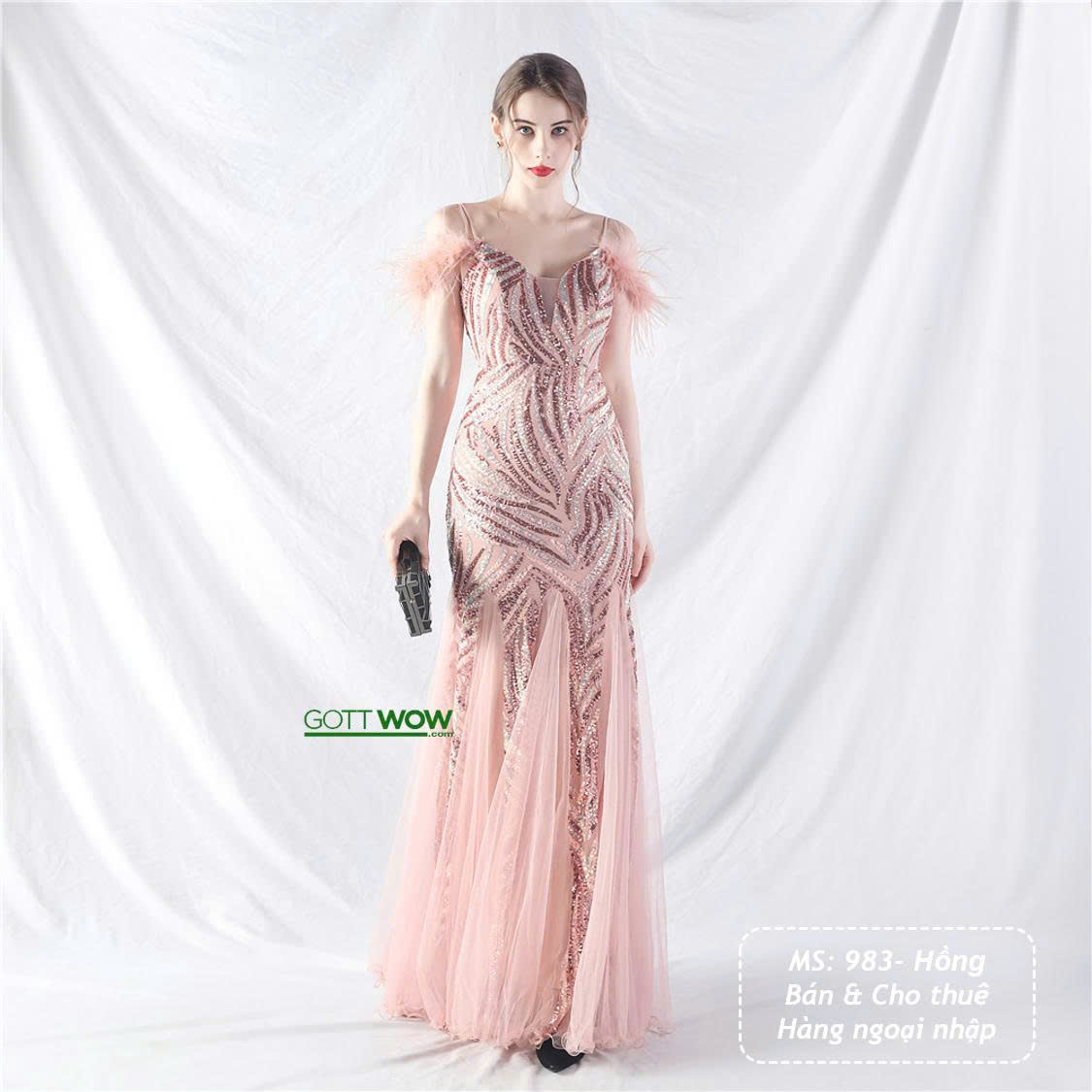 Đầm dạ hội kim sa đẹp sang quý phái (Sẵn eo 60-75cm)-MS: 983- Hồng