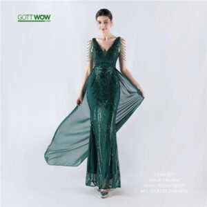 Đầm dạ hội bigsize kim sa đẹp sang, có tà rời (eo 80-92cm) - MS: D970 - Xanh rêu