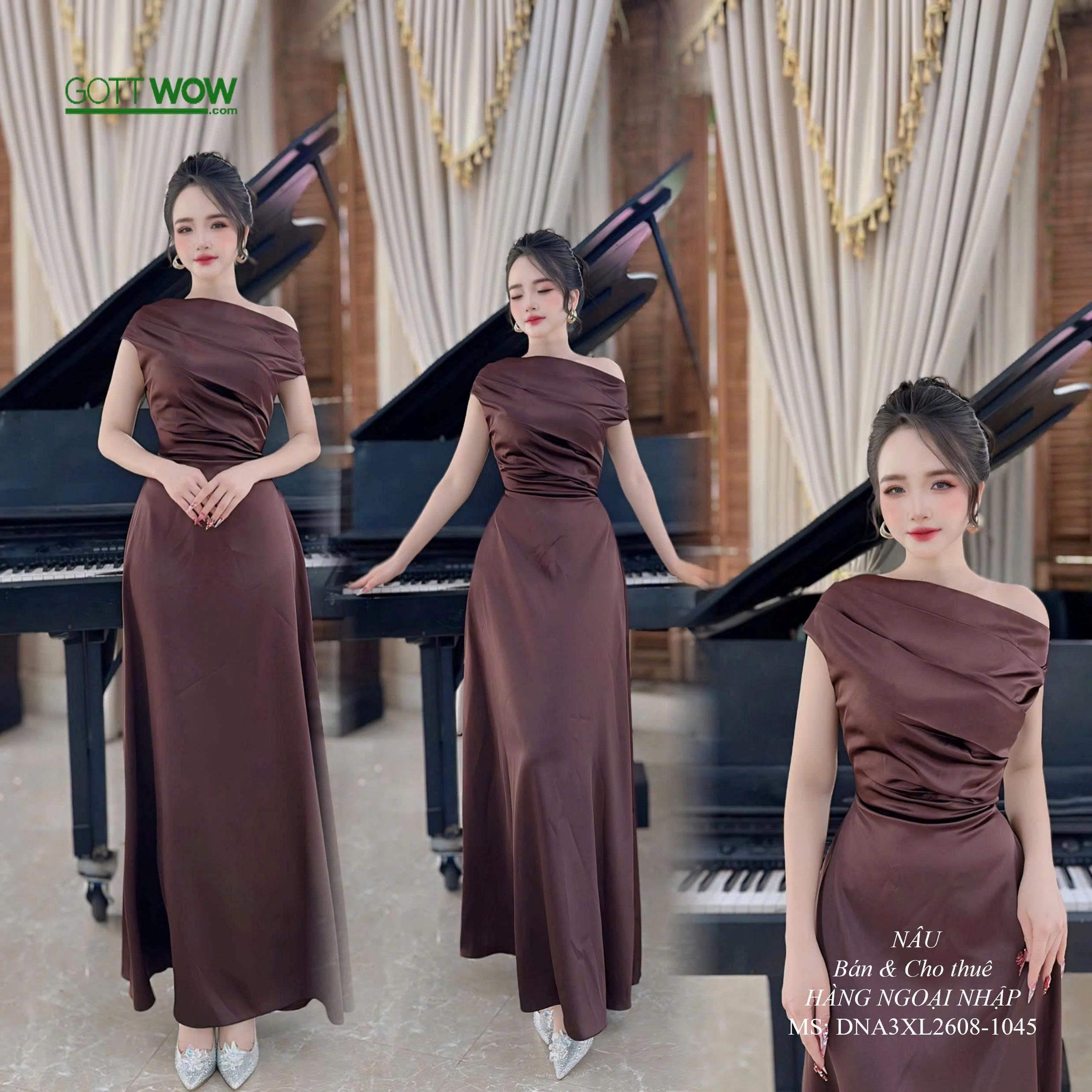 Đầm dự tiệc bigsize lụa trơn đơn giản đẹp sang gọn (sẵn eo 82 - 87cm) - MS: 1045 Nâu
