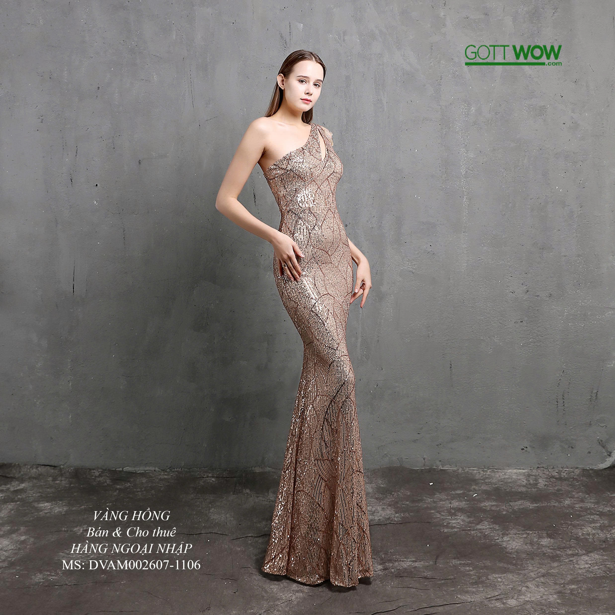 Đầm dạ hội kim sa đẹp sang quý phái (Sẵn eo 60-75cm)-MS: D1106 - Vàng hồng