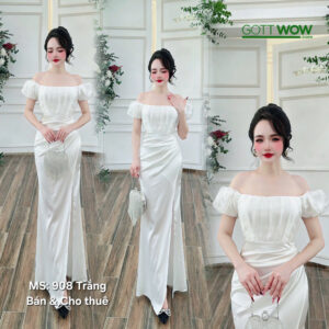 Đầm dạ hội phi đơn giản đẹp sang trẻ trung (Sẵn eo 74-77cm)-MS: 908 Trắng